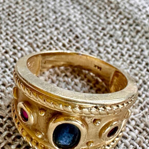 14k yellow Gold cigar ring with Sapphire and Rubies - Picture 3 of 5